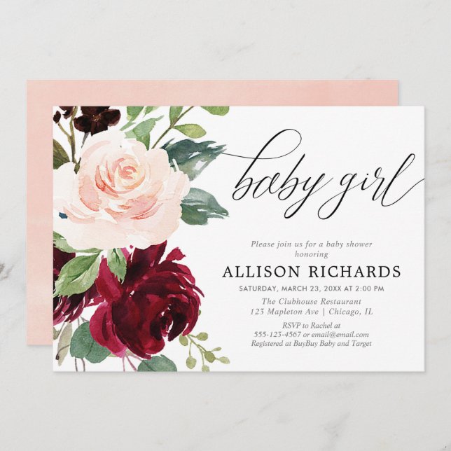 Convite Borralheira floral rosa-rosado elegante (Frente/Verso)