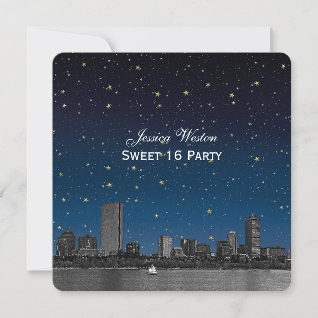Convite Boston Skyline Blue Estrela Gravada Sweet 16 (Frente)
