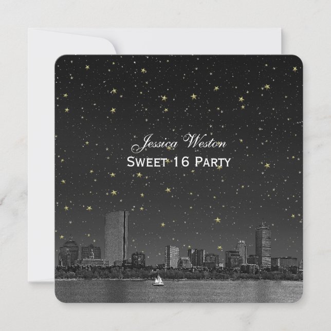 Convite Boston Skyline Blue Estrela Gravada Sweet 16 (Frente)