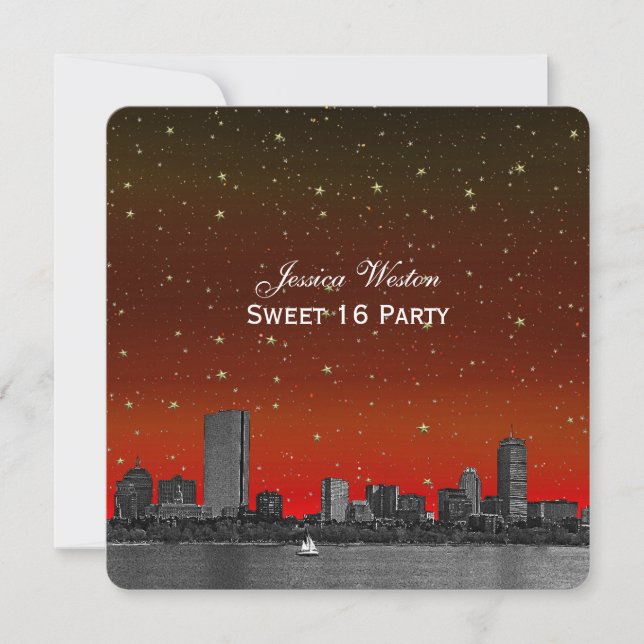 Convite Boston Skyline Blue Starry Etch Sweet 16 (Frente)