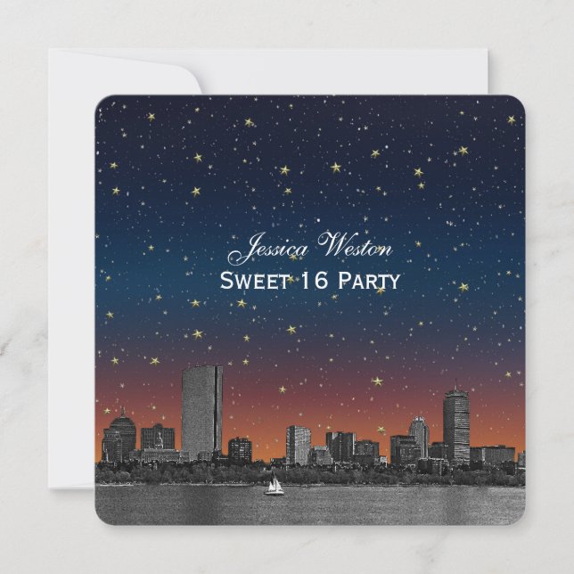 Convite Boston Skyline Blue Starry Etch Sweet 16 (Frente)