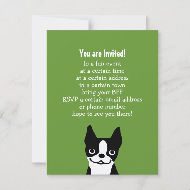 Convite Boston Terrier - Cachorro Fofo com Texto Personali (Frente)