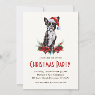 Convite Boston Terrier em uma festa de Natal de Papai Noel