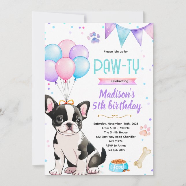 Convite Boston Terrier girl theme invitation (Frente)