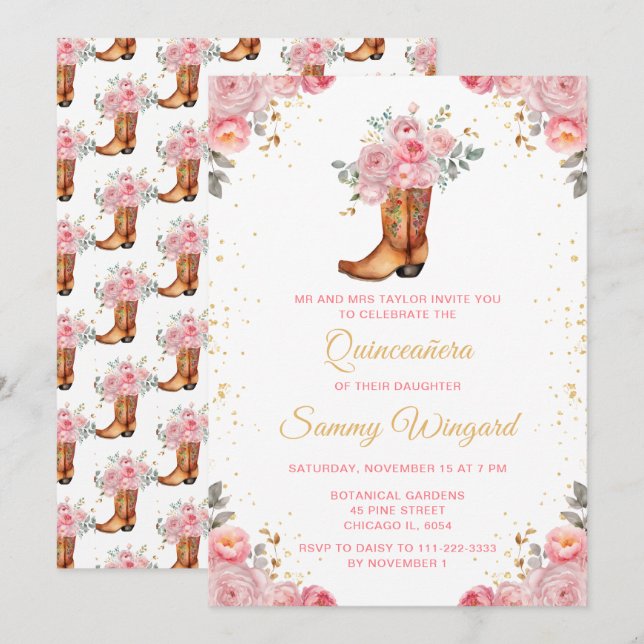 Convite Bota de Cowboy Quinceañera Rosa e Dourada com Flor (Frente/Verso)