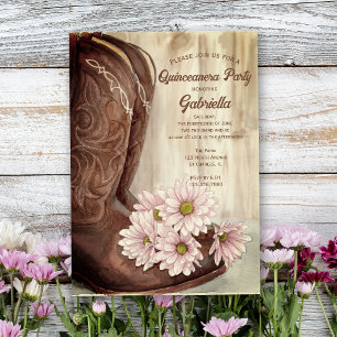 Convite Bota de Cowboy Rosas Pink Western Festa Quinceaner