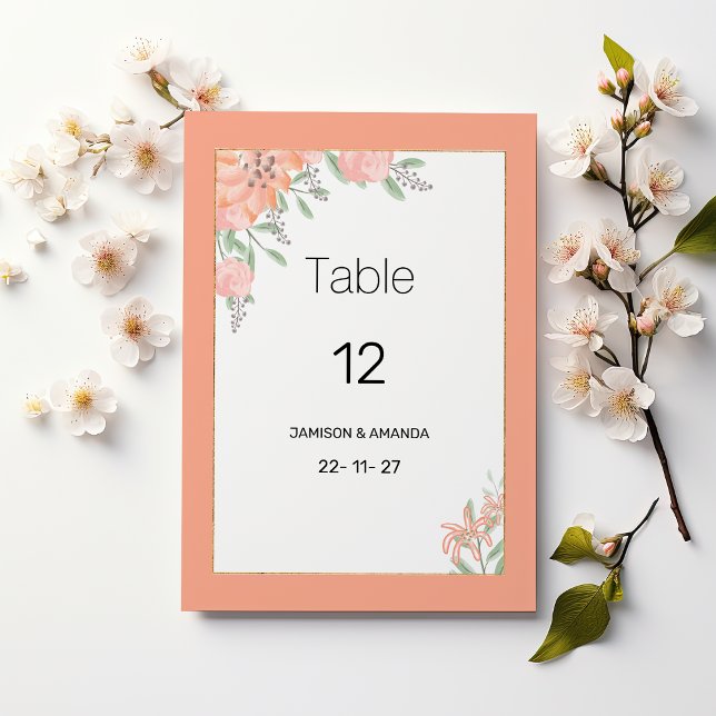 Convite Botanic coral mint gold spring flora Table Numbers (Botanic coral mint gold spring flora Table Numbers)