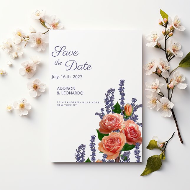 Convite Botanic lavender peach rose flowers Save the Date  (Botanic lavender peach rose flowers Save the Date )