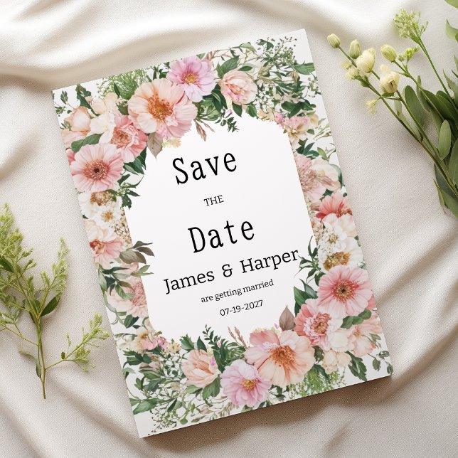 Convite Botanic pink blossom summer floral Save the Date  (Botanic pink blossom summer floral Save the Date)