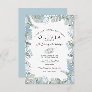Convite Botânica Aquarela Azul Pálido Dusty Aniversário