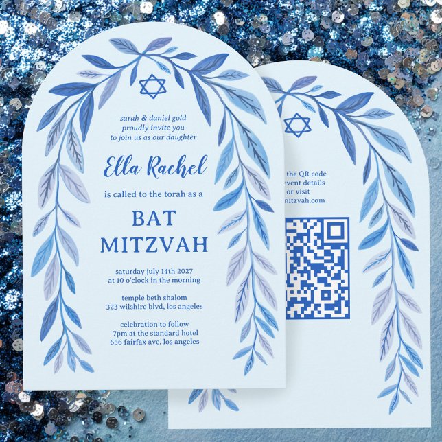 Convite Botânica Aquarela QR Código Bar Bat Mitzvah Arch (Botanical Watercolor QR Code Bar Bat Mitzvah Arch Invitation
)