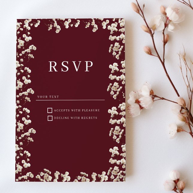 Convite Botânica Burgundy ivory gypsophila floral RSVP (Botanical Burgundy ivory gypsophila floral RSVP)