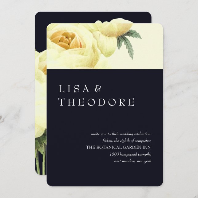 Convite Botânica | Casamento vintage Amarelo azul (Frente/Verso)