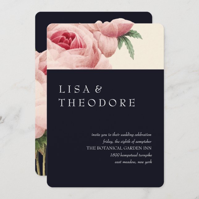 Convite Botânica | Casamento vintage azul (Frente/Verso)