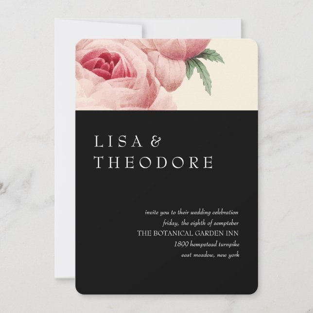Convite Botânica | Casamento vintage preto (Frente)