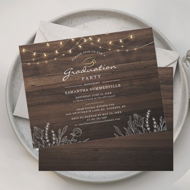 Convite Botânica da Festa de formatura Rustic Formando 202 (Graduation Rustic Wood Look String Lights 2025 Grad Party Invitation)