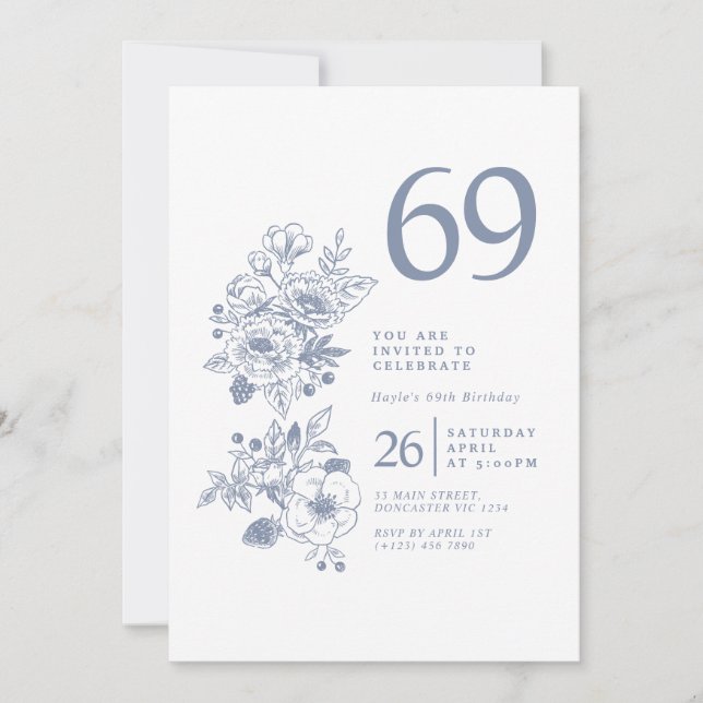 Convite Botânica de flor selvagem poeirento azul 69º anive (Frente)