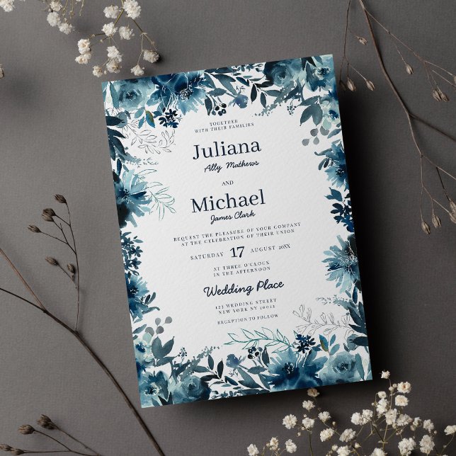 Convite Botânica indigo aquarela estrutura floral Casament (Botanic indigo watercolor floral frame Wedding Invitation)
