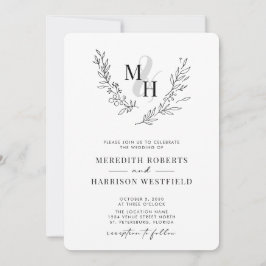 Convite Botânica Laurel Wreath QR Código Monograma Casamen