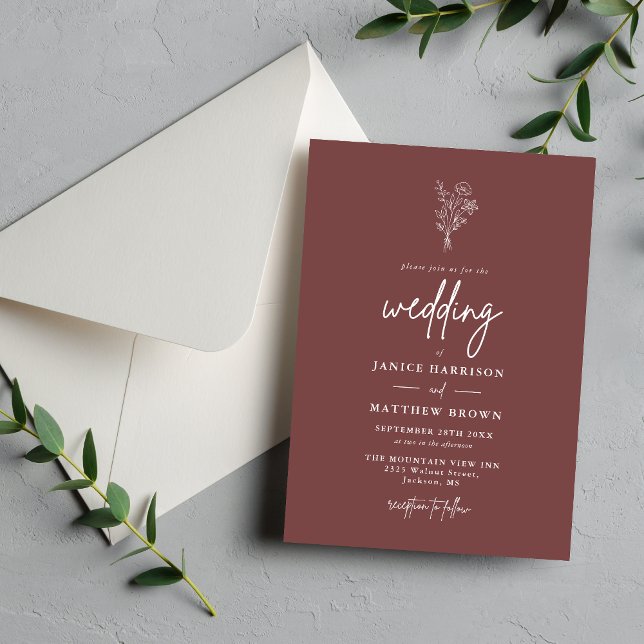 Convite Botânica Minimalista Bege para Casamento (Mauve botanical invitation creates a soft romantic tone for your personalized wedding celebration)