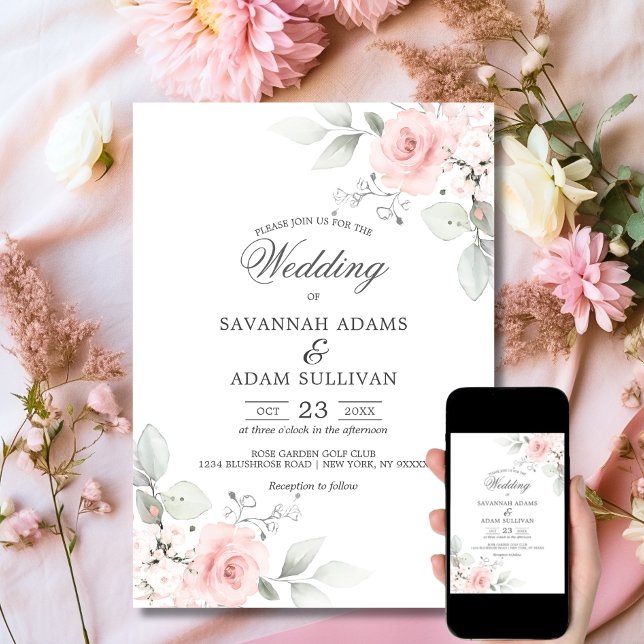 Convite Botânica-rosa-Rosa de-Blush Floral Elegante (Elegant Floral Blush Rose Pink Botanical Invitation Set | Matching Invitation Suite)