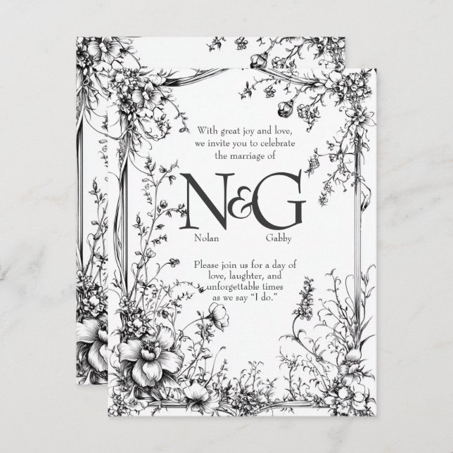 Convite Botânica Rústica, Desenhada Mão Preta e Branca (Frente/Verso)