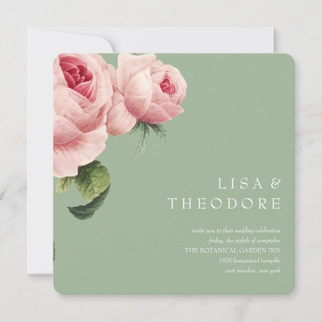 Convite Botânica | Sage Vintage rosa Casamento (Frente)