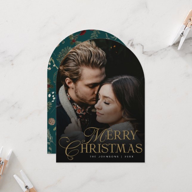 Convite Botanical Arch Photo Green Christmas Holiday Card (Frente/Verso In Situ)