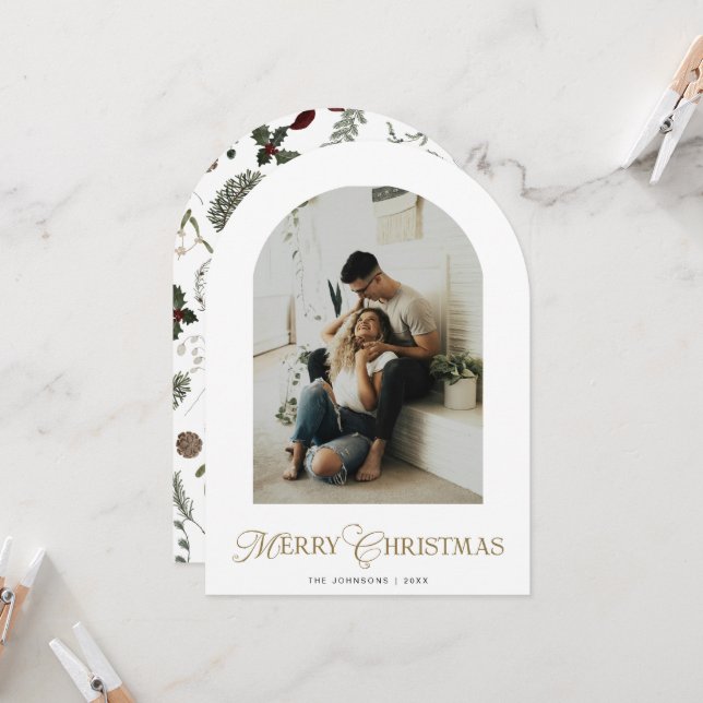 Convite Botanical Arch Photo Merry Christmas Holiday Card (Frente/Verso In Situ)