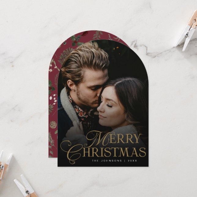 Convite Botanical Arch Photo Red Christmas Holiday Card (Frente/Verso In Situ)