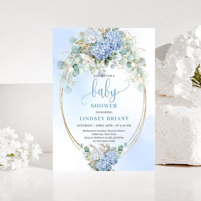 Convite Botanical Blue Hydrangea Eucalyptus Baby Shower  (Botanical Blue Hydrangea Eucalyptus Baby Shower Invite)