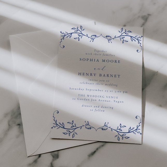 Convite Botanical Blue Line Art Elegant Wedding (Criador carregado)