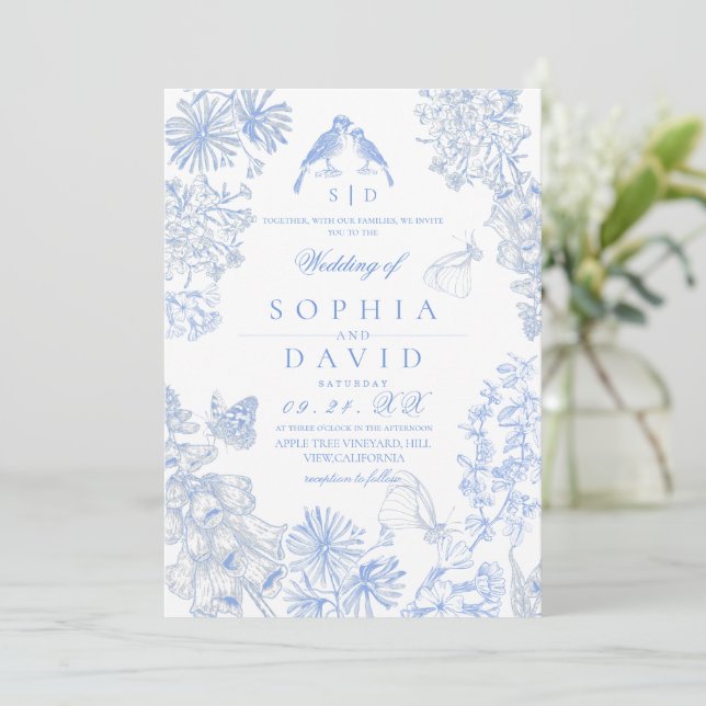 Convite Botanical Blue White Rustic Wildflowers Wedding  (Em pé/Frente)