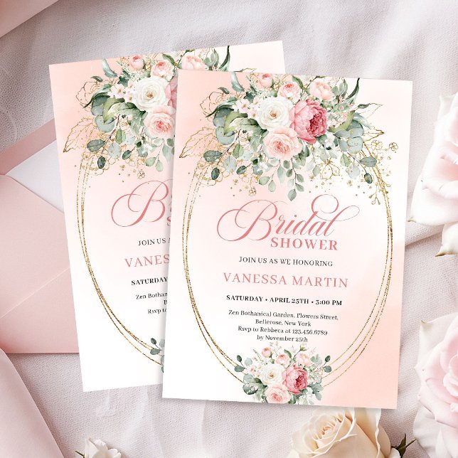 Convite Botanical Blush Roses Bridal Shower Gold Invitatio (Botanical Blush Roses Bridal Shower Gold Invitation)