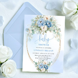 Convite Botanical Boho Blue Flowers Eucalyptus Baby Shower
