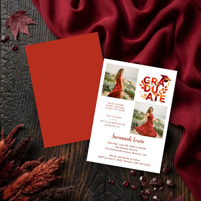 Convite Botanical Boho Red Shades Graduation 2-Photo (Botanical Boho Graduation Invitation with 2-Photo Layout in Red Shades and Digital Download. )