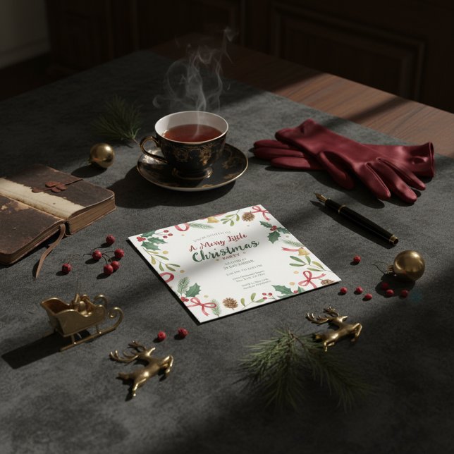 Convite Botanical Christmas Wreath Frame Invitation (Clean Christmas Style, Natural Pine Border)