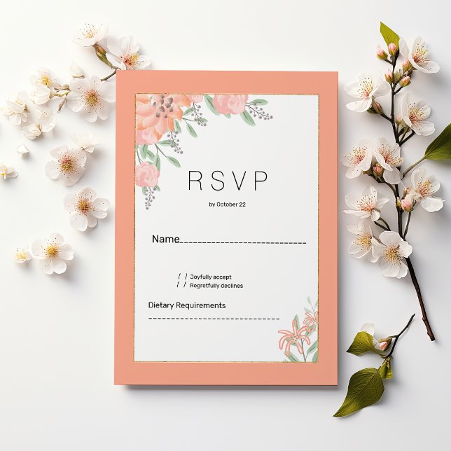 Convite Botanical coral mint gold spring floral RSVP (Botanical coral mint gold spring floral RSVP)