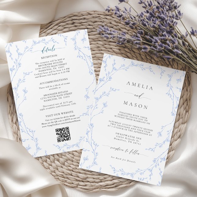 Convite Botanical Dusty Blue Floral All-In-One Wedding (Botanical Dusty Blue Floral All-In-One Wedding Invitation)