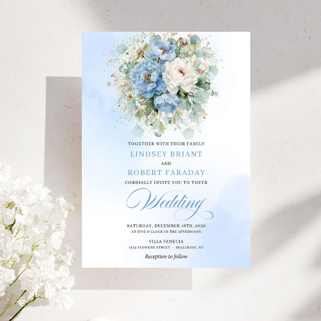 Convite Botanical Dusty Blue White Peony Wedding Invites (Botanical Dusty Blue White Peony Wedding Invitation)