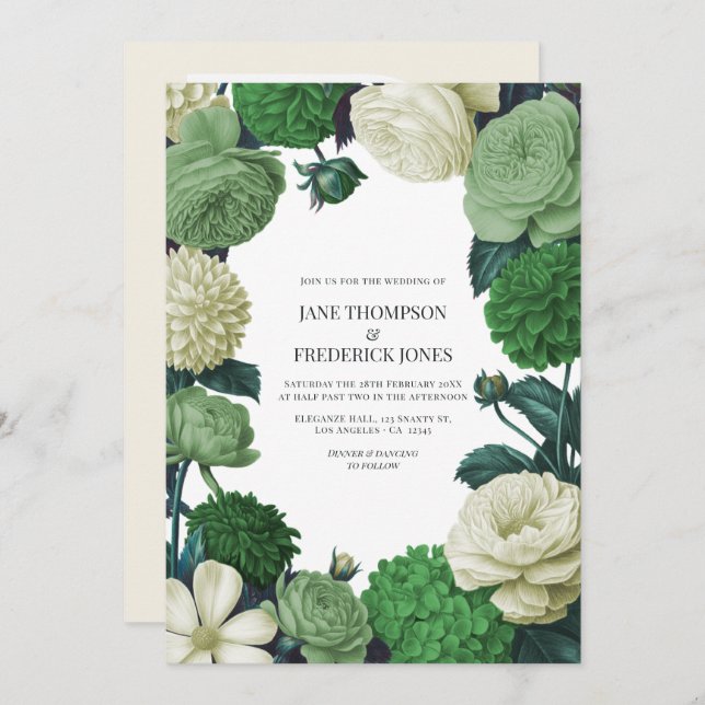 Convite Botanical Green, Fern Shadow & Ivory Bud Wedding (Frente/Verso)