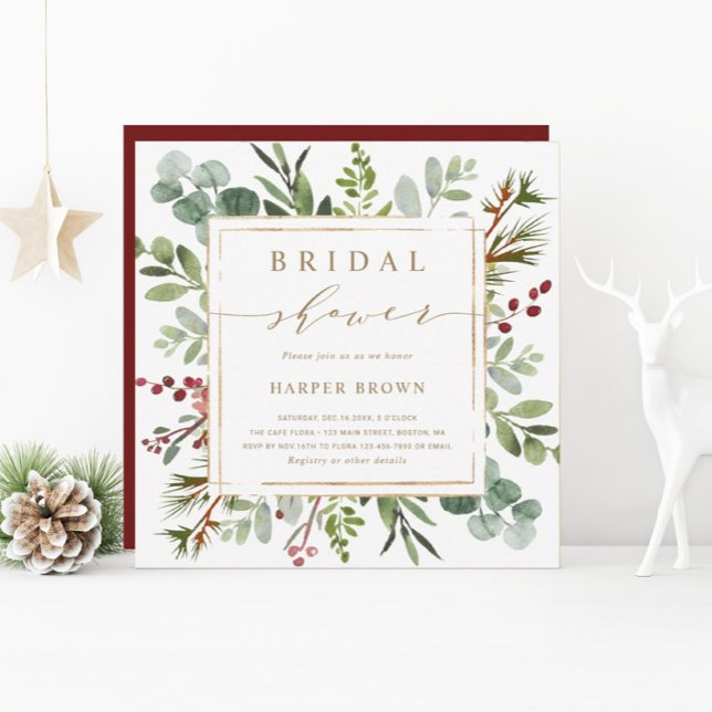 Convite Botanical Greenery Christmas Bridal Shower Square  (Criador carregado)