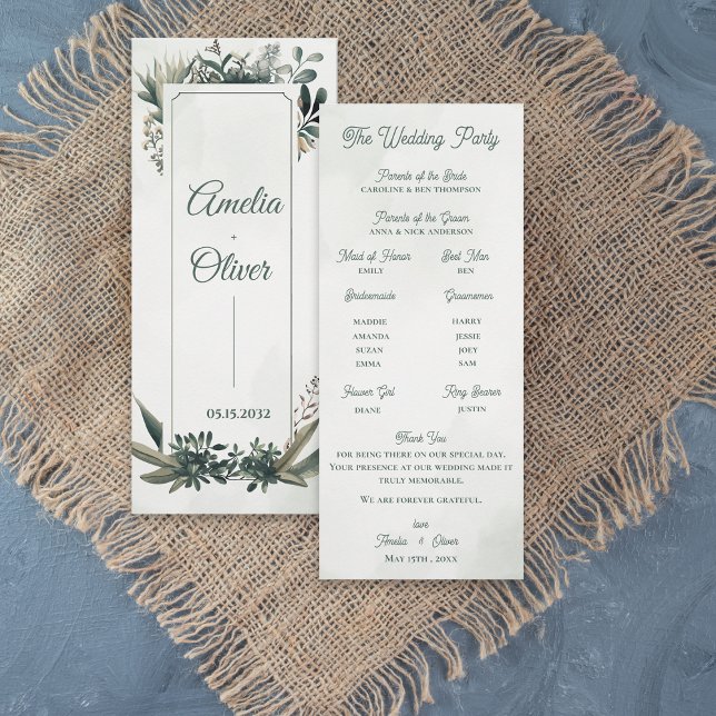 Convite Botanical Greenery Wedding Ceremony Program Card  (Elegant Botanical Greenery Wedding Program Card | Sage Green Foliage Ceremony Program)