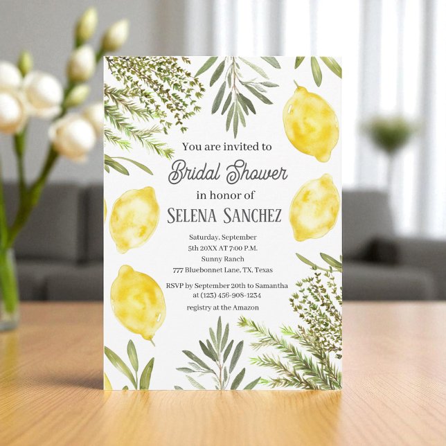 Convite Botanical Herbs Lemons Watercolor Bridal Shower  (Criador carregado)