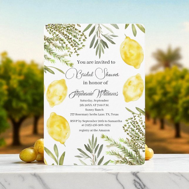 Convite Botanical Herbs Lemons Watercolor Bridal Shower  (Criador carregado)