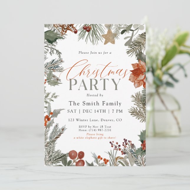 Convite Botanical Holiday Watercolor Christmas Party (Em pé/Frente)