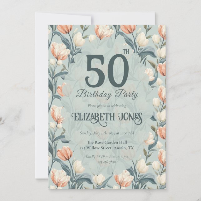 Convite Botanical Inspired Tulip Themed Custom Birthday (Frente)