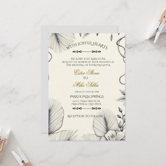 Convite Botanical line art Wedding Invitation  (Frente/Verso In Situ)