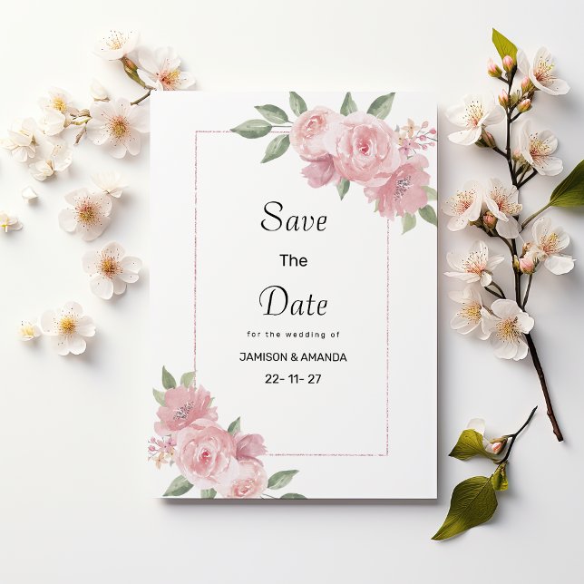 Convite Botanical mint pastel pink floral Save The Date (Botanical mint pastel pink floral Save The Date)