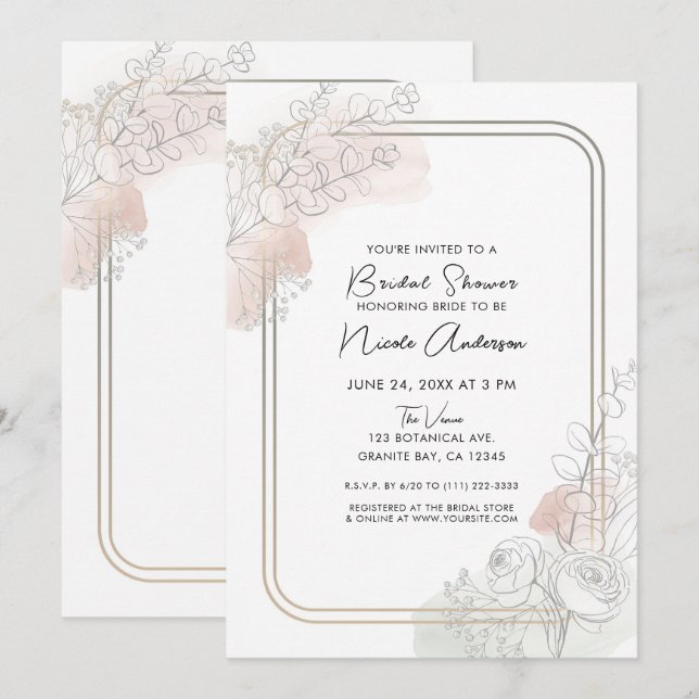 Convite Botanical Outline Sage Blush Floral Bridal Shower (Frente/Verso)